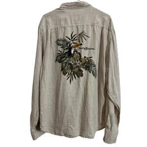 Tommy Bahama Men L Beige 100% Linen Toucan Tropical Print Long Sleeve Shirt